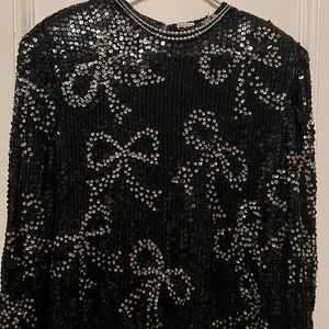 Vintage Black Sequin Bow Long Sleeve Top